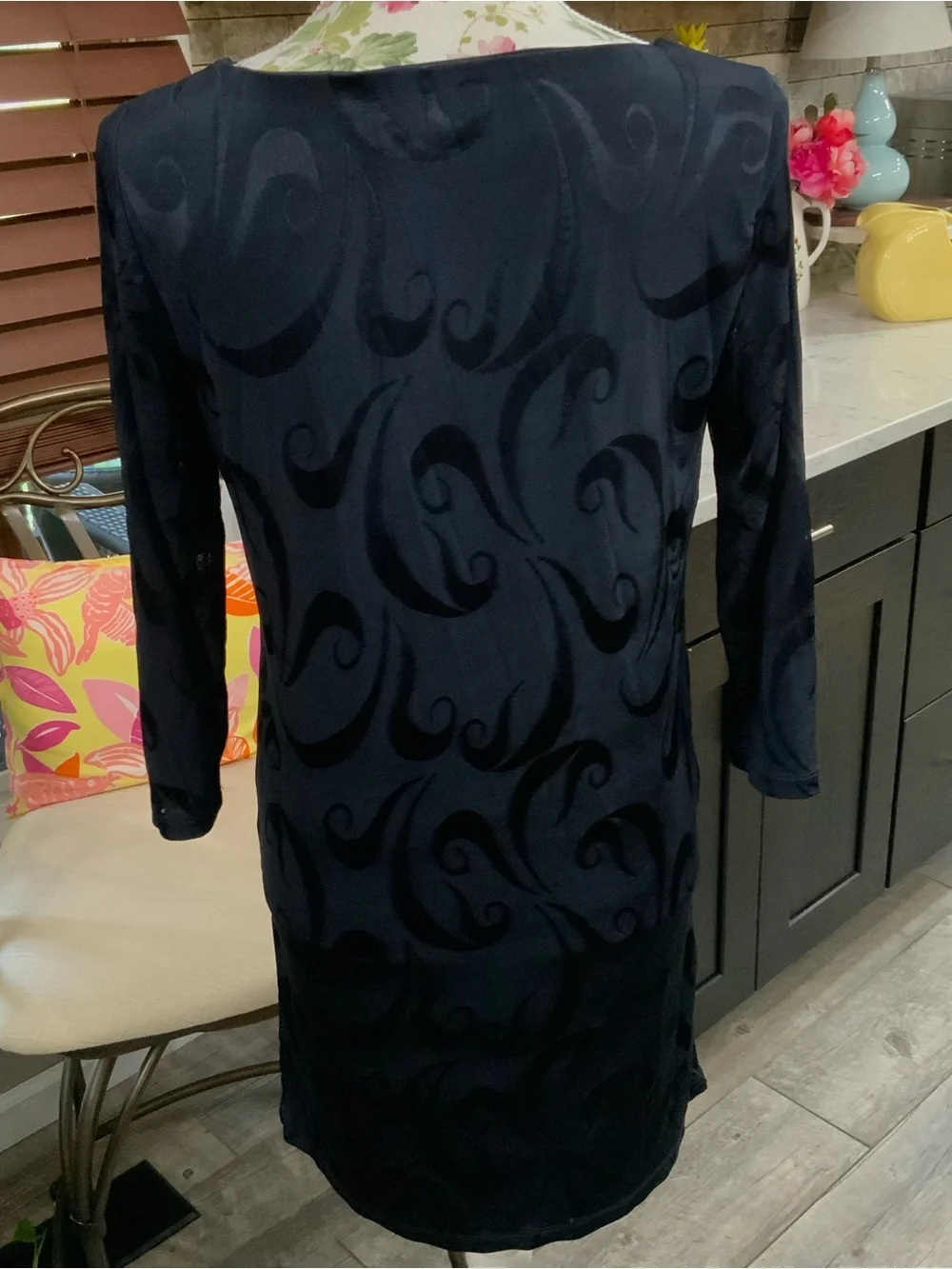 Chico’s Liquid Knit 3/4 Sleeve Tunic Top Black Size Small 4/6 Stretch Side Slit